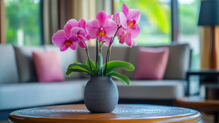 A stunning arrangement of pink orchids in a stylish pot sits atop a wooden coffee table. The cozy living room exudes tranquility with natural light enhancing the floral beauty.の素材
