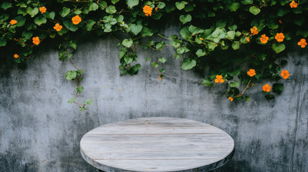 A serene scene featuring a round wooden table nestled against a textured grey wall, adorned by lush green ivy and vibrant orange flowers, offering a tranquil outdoor atmosphere.の素材
