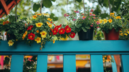 Brighten your space with vibrant flower baskets hanging on a blue wooden fence, creating a cheerful and inviting atmosphere perfect for gardening lovers.の素材