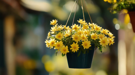 A captivating image of vibrant yellow flowers in a hanging pot, illuminated by natural light, showcasing a beautiful garden ambiance with lush greenery.の素材