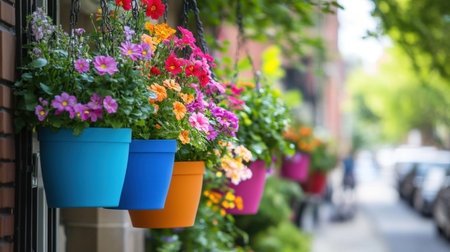 A beautiful display of vibrant hanging flower pots in various colors creates a joyful atmosphere in an urban setting. Bright blooms enhance outdoor spaces.の素材