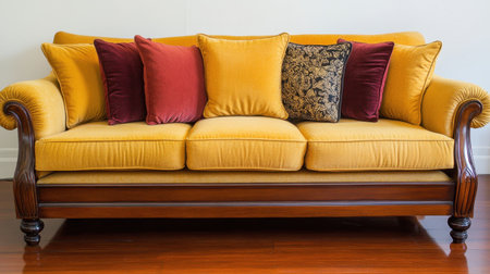 This stylish yellow sofa features an array of colorful cushions, adding character to any living space. Ideal for design inspiration and home decor projects.の素材