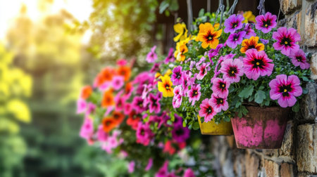 Enjoy the beauty of vibrant hanging flower pots filled with petunias, illuminated by warm morning light in a serene garden setting, creating a joyful atmosphere.の素材