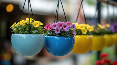 This vibrant image showcases hanging flower pots in bold colors, featuring cheerful blooms. Ideal for garden decor and outdoor spaces, adding beauty and charm.の素材