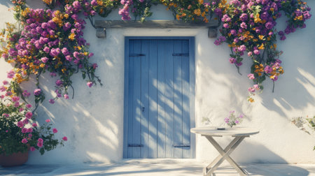 A captivating blue door adorned with vibrant bougainvillea flowers unfolds a serene outdoor atmosphere, perfect for relaxation and inspiration in a scenic garden setting.の素材