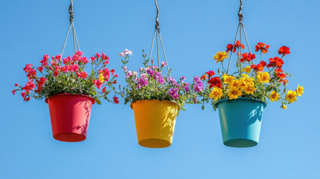Three vibrant hanging flower pots filled with colorful blooms sway gently against a clear blue sky, creating an uplifting and joyful atmosphere in any setting.の素材