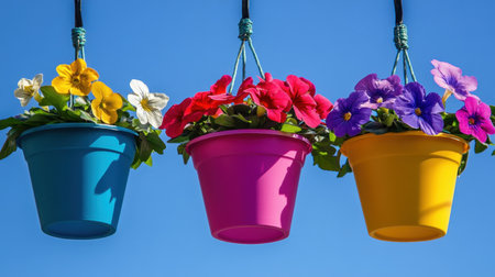 Explore the beauty of hanging flower pots with vibrant blooms against a clear blue sky. Perfect for inspiring gardening ideas and colorful home decor in springtime.の素材