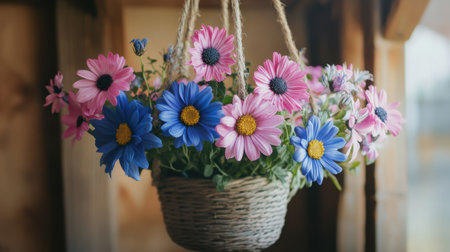 A stunning collection of pink and blue flowers in a hanging basket, beautifully arranged with natural light enhancing their vibrant colors in a rustic setting.の素材