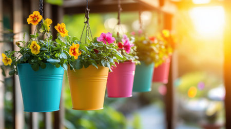Colorful hanging flower pots fill an outdoor space with vibrant blooms. Soft sunlight enhances the serene atmosphere, perfect for adding a lively touch to any garden.の素材
