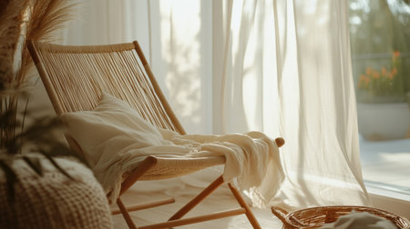 This tranquil interior scene features a natural wood chair adorned with soft textiles, bathed in warm sunlight filtering through sheer curtains, creating a serene atmosphere.の素材