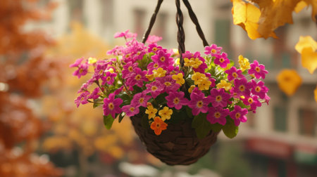 A beautifully arranged hanging flower basket filled with vibrant purple and yellow blooms hangs gracefully amid warm autumn hues, creating a serene urban garden scene.の素材