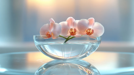 A stunning arrangement of pink orchid blooms elegantly placed in a glass bowl filled with water, creating a serene and calming atmosphere in any interior space.の素材