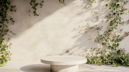 This photo captures a serene indoor space featuring a concrete table, soft textured wall, and vibrant green foliage, creating a tranquil atmosphere perfect for modern dの素材