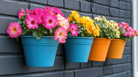 This image features an array of colorful flower pots hanging against a dark brick wall, showcasing various vibrant blooms ideal for gardening and home decoration.の素材