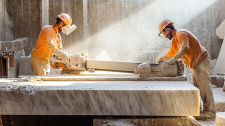 Two skilled workers engage in stone cutting, showcasing their expertise amid dust particles illuminated by sunlight in an indoor workshop environment.の素材