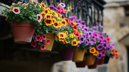 Delight in the vibrant display of pansy flowers in various colorful pots adorning a decorative balcony, creating a charming and cheerful outdoor space perfect for spring.の素材