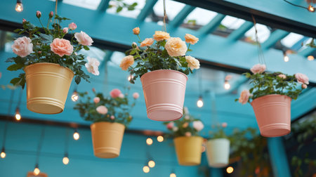 This image features colorful hanging flower pots displaying vibrant blooms under soft string lights. The bright indoor space creates a warm and inviting ambiance.の素材