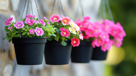Vibrant hanging flower pots showcase blooming petunias in a picturesque garden setting, offering a beautiful burst of color against a soft green background.の素材