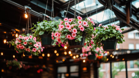 A beautiful display of pink flowering plants hangs elegantly in a cozy cafe, enhanced by warm ambient lighting that creates a serene and inviting atmosphere.の素材