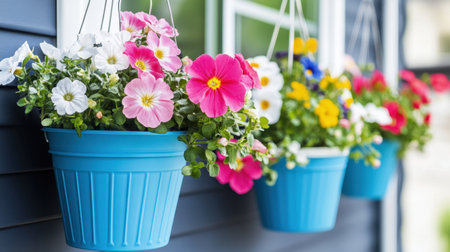 This image features delightful hanging planters filled with vibrant flowers, enhancing a modern home exterior. Perfect for summer aesthetics and garden inspiration.の素材