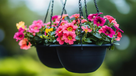 Delight in the beauty of vibrant hanging flower baskets filled with petunias, showcasing a stunning array of colors amid lush greenery. Perfect for garden lovers.の素材