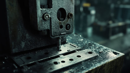This image showcases a close-up view of an industrial metal tool, highlighting its intricate details and textures against a dark and atmospheric workshop background.の素材
