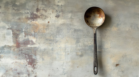 An artistic representation of a vintage serving spoon resting against a textured background, showcasing earthy tones and patterns that evoke nostalgia and culinary charm.の素材