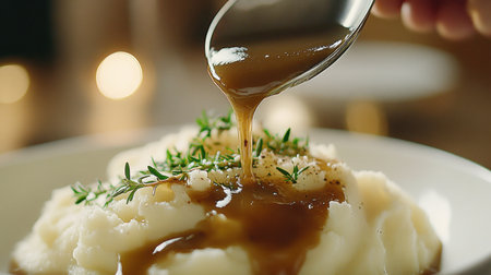 Indulge in a bowl of creamy mashed potatoes topped with rich gravy and garnished with fresh thyme. A perfect comfort food for any warm gathering.の素材