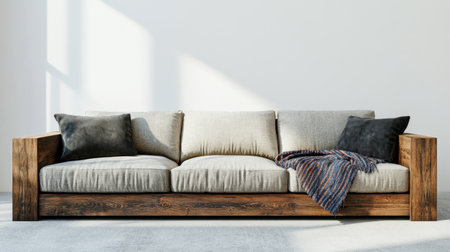 A stylish wooden sofa showcasing soft cushions and a colorful throw, ideal for minimal home decor. Perfect for creating a cozy and inviting living environment.の素材