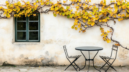 A serene outdoor cafe setting featuring a black table and two chairs, adorned by vibrant autumn leaves, creating a cozy atmosphere perfect for relaxation.の素材
