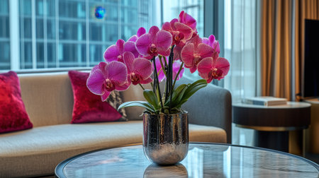 A stunning display of purple orchids in a shiny vase adds elegance to a modern living space, illuminated by natural light, creating a serene and inviting atmosphere.の素材