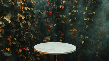 A stunning marble table set against a backdrop of vibrant greenery and red berries, creating an artistic and calming atmosphere for any interior space.の素材