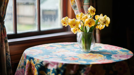 A serene setting featuring bright yellow orchids in a clear vase on a floral tablecloth by a window, capturing natural light and enhancing a cozy home atmosphere.の素材