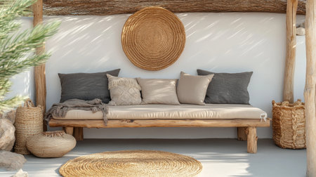 A tranquil outdoor lounge area featuring a wooden bench with soft cushions, woven baskets, and natural decor elements, creating a serene space for relaxation.の素材