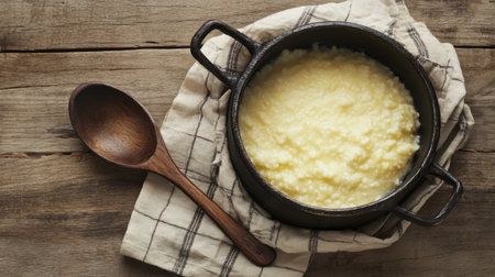 A cozy scene featuring creamy polenta in a cast iron pot, accompanied by a wooden spoon on a linen cloth, perfect for culinary and comfort food photography.の素材