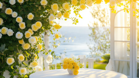 A serene outdoor scene featuring a beautifully set table adorned with a bouquet of yellow roses, surrounded by blooming flowers and a stunning ocean backdrop.の素材