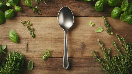 A pristine silver spoon rests on a wooden table, surrounded by vibrant fresh herbs, creating an inviting setup perfect for culinary and food presentations.の素材