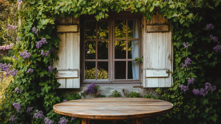 A picturesque rustic window framed by vibrant greenery and blooming flowers offers a warm and inviting atmosphere. A wooden table enhances the serene outdoor scene.の素材