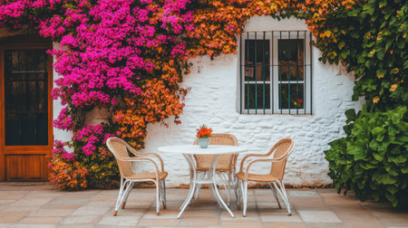 A charming outdoor patio features a white table and rattan chairs, surrounded by vibrant bougainvillea and lush greenery, perfect for relaxation and enjoyment.の素材