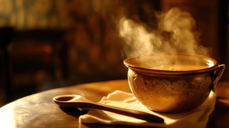 A beautifully crafted bowl of steaming hot soup rests on a wooden table, exuding warmth and comfort. The inviting ambiance enhances the culinary experience.の素材
