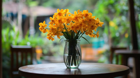 A stunning arrangement of vibrant yellow daffodils in a clear glass vase rests on a wooden table, enhancing the cozy atmosphere of an indoor space.の素材