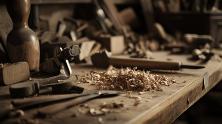 A captivating view of a rustic woodworking shop showcasing a weathered workbench cluttered with hand tools and wood shavings, embodying art and craft.の素材