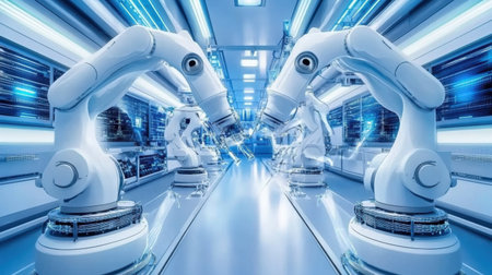 High-tech robotic arms are working together in a modern manufacturing facility, embodying automation and efficiency while showcasing advanced technology in production processes.の素材