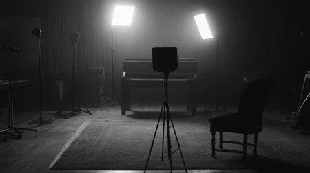 An atmospheric black and white image of an empty music studio featuring a piano, a chair, and dramatic lighting that evokes creativity and inspiration.の素材
