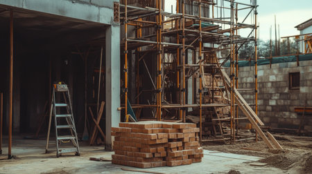 A construction site showcasing a stack of bricks next to scaffolding, with tools and a ladder present, reflecting ongoing urban building and development works.の素材