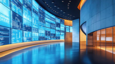 Explore a modern data center showcasing large digital screens and sleek design elements, emphasizing a high-tech atmosphere with ambient lighting and futuristic architecture.の素材