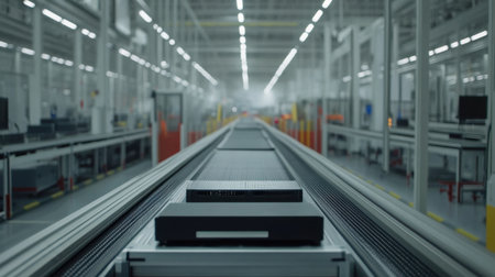 A spacious industrial warehouse featuring a conveyor system designed for efficient logistics, showcasing high-tech equipment and an organized workflow for optimized supply chain management.の素材