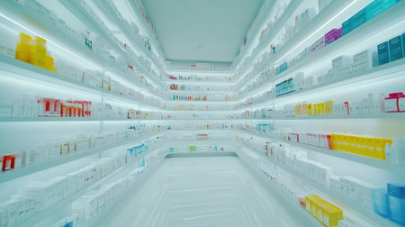 A contemporary pharmacy interior captures sleek shelves filled with diverse medicine boxes, illustrating an organized and inviting retail space that enhances customer experience.の素材