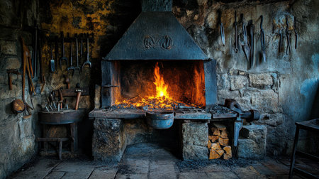 A captivating view of a vintage blacksmith forge featuring a bright, glowing fire, surrounded by tools and stone structure, showcasing the essence of craftsmanship.の素材