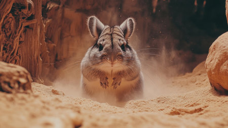 This captivating image features a chinchilla actively running through its sandy desert habitat, surrounded by billowing dust, highlighting its playful nature and soft fur.の素材